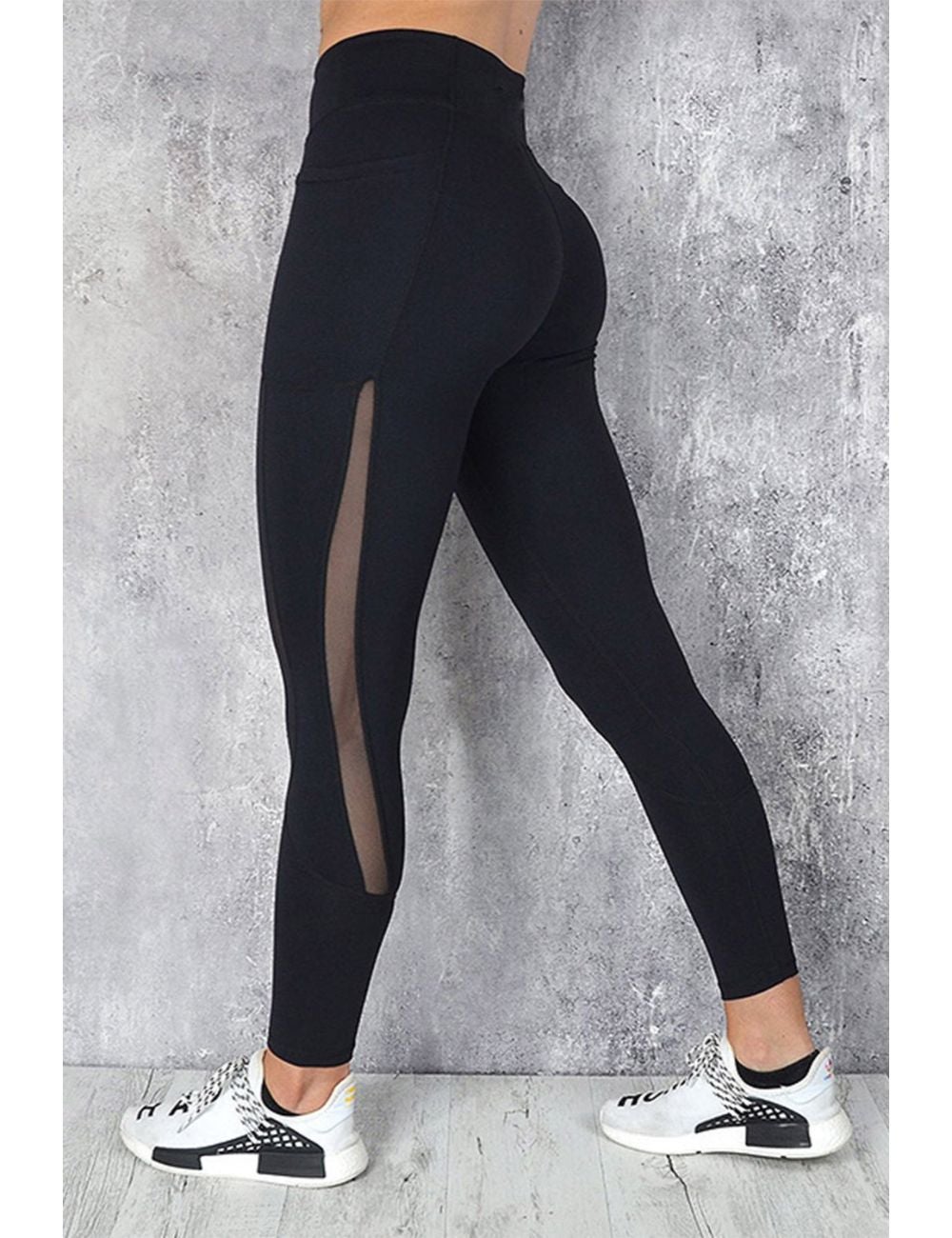 Black Mesh Side Splicing High Waist Yoga Sports Leggings with