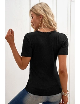 Black Buttoned Ribbed Knit Short Sleeve Top
