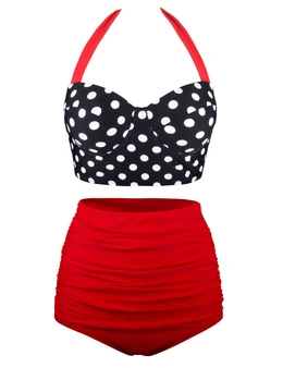 Red Vintage Halter Push Up Polka Dot High Waist Tummy Control Plus Size Bikini