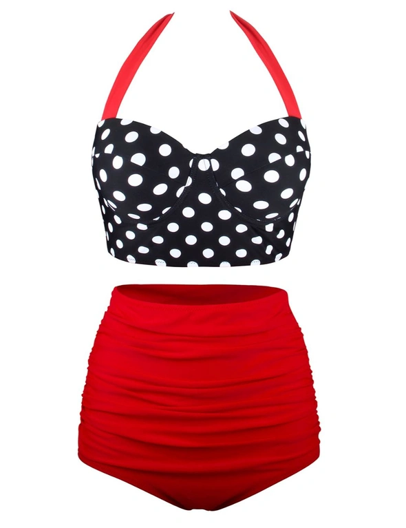Red Vintage Halter Push Up Polka Dot High Waist Tummy Control Plus Size Bikini, hi-res image number null