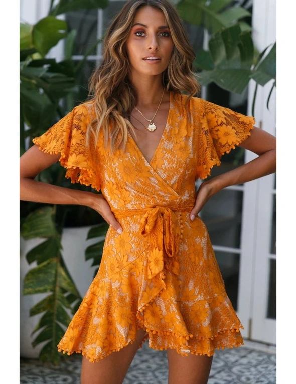 Orange Flutter Sleeve Wrap V Neck Floral Lace Short Dress, hi-res image number null