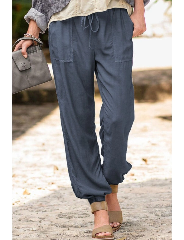 Blue Drawstring Elastic Waist Pull-on Casual Pants with Pockets