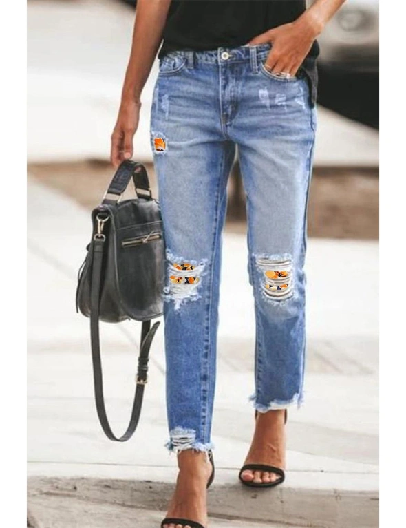 Yellow Patchwork Hollow Out Frayed Hem Ripped Jeans | EziBuy Australia