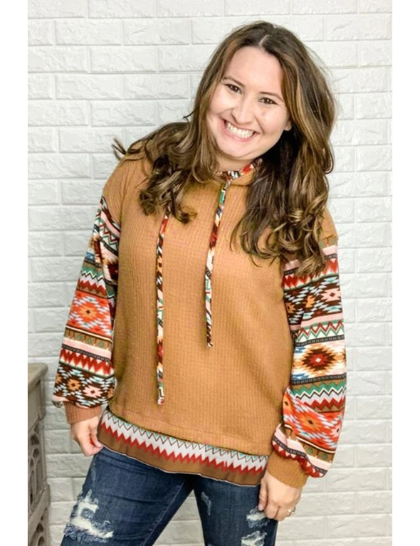 Waffle Texture Aztec Accent Plus Size Hoodie, hi-res image number null
