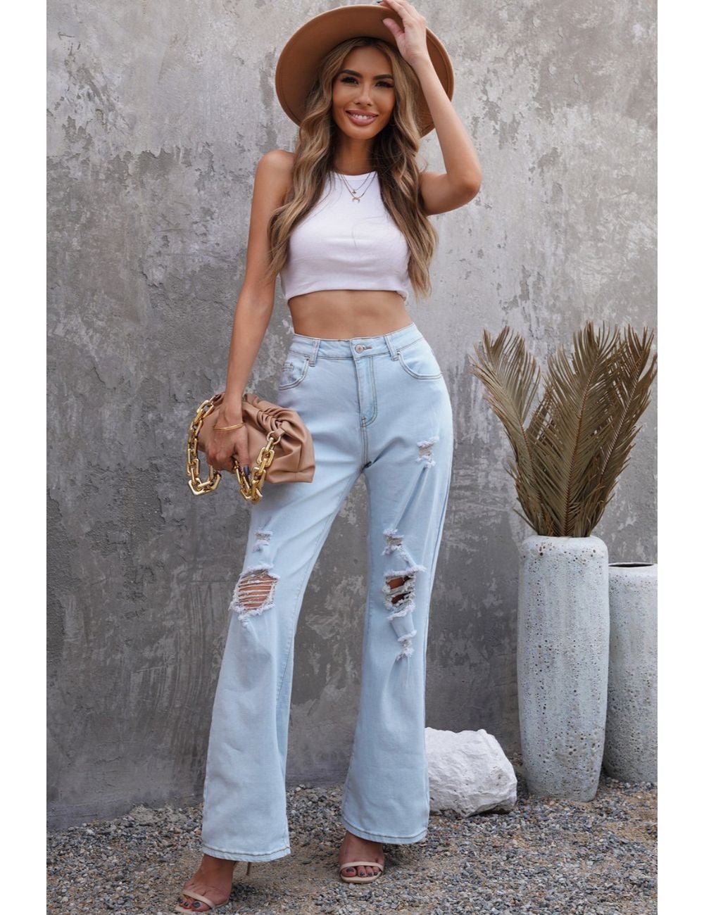 Sky Blue Washed Ripped Knee Wide Legs Jeans | Beme