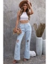 Sky Blue Washed Ripped Knee Wide Legs Jeans, hi-res