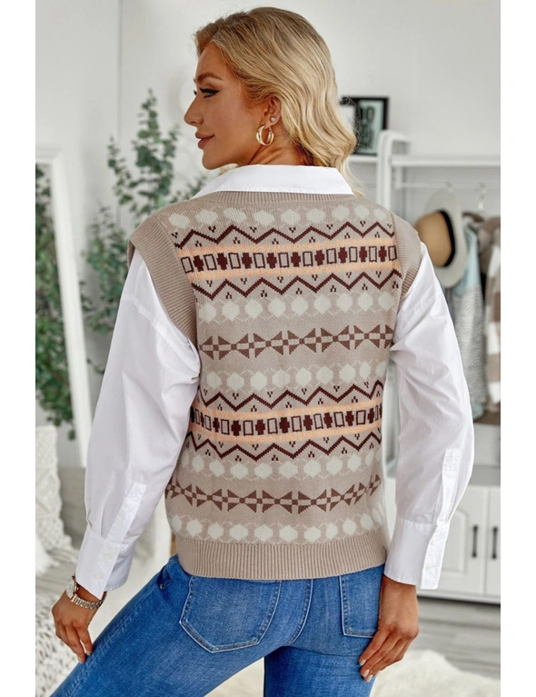 Khaki Tribal Print V Neck Knitted Sweater Vest, hi-res image number null