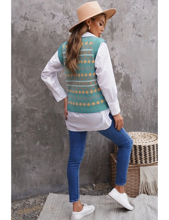 Green Tribal Print V Neck Knitted Sweater Vest, hi-res image number null