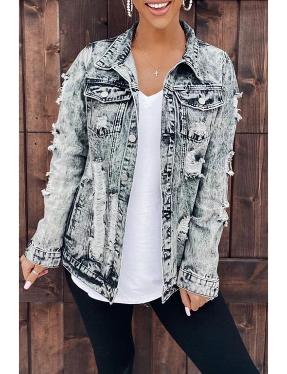 Gray Distressed Buttons Washed Denim Jacket, hi-res image number null