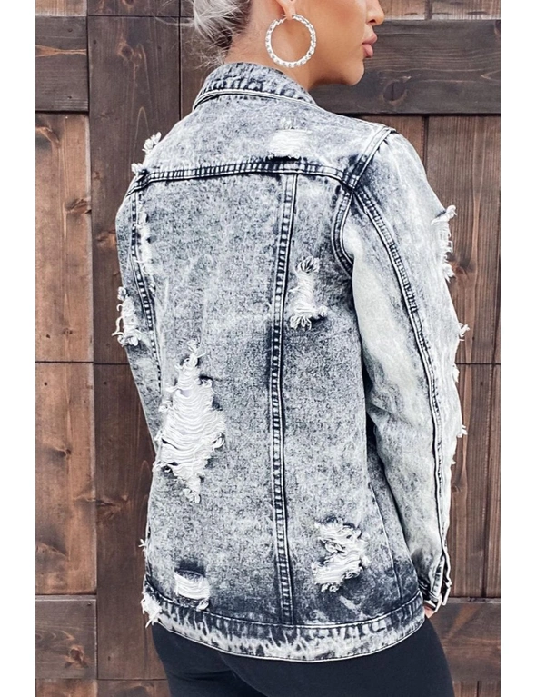 Gray Distressed Buttons Washed Denim Jacket, hi-res image number null