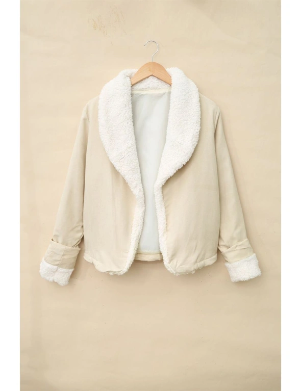 Apricot Lapel Collar Fleece Open Front Coat, hi-res image number null