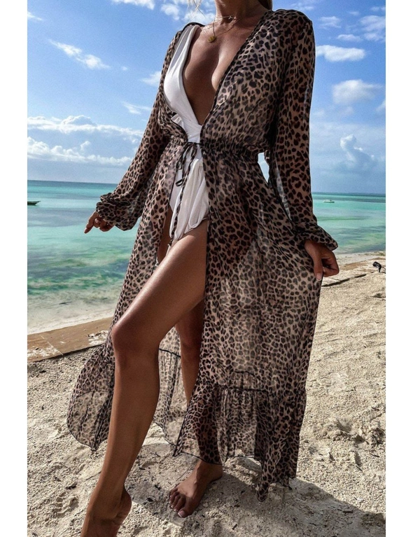 Leopard Print Tie Waist Open Front Kimono Beach Cover Up, hi-res image number null