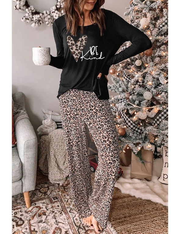 Leopard Heart Be Kind Print Long Sleeve Top and Pants Lounge Wear, hi-res image number null