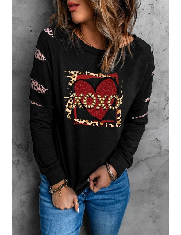 Black XOXO Sequin Heart Leopard Print Cut-out Long Sleeve Sweatshirt, hi-res image number null