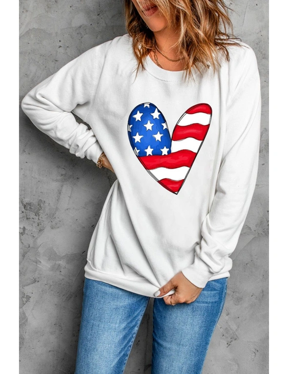 White US Flag Heart Print Long Sleeve Pullover Sweatshirt, hi-res image number null