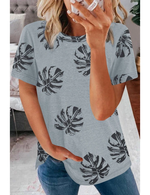 Gray Crew Neck Palm Leaf Print T-shirt, hi-res image number null