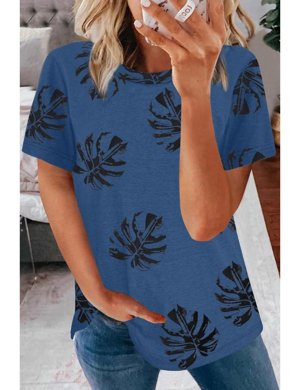 Blue Crew Neck Palm Leaf Print T-shirt, hi-res image number null