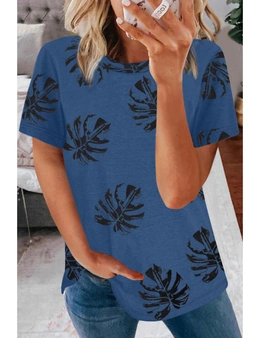 Blue Crew Neck Palm Leaf Print T-shirt