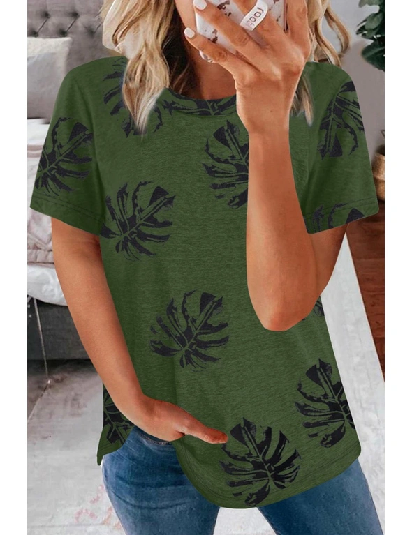 Green Crew Neck Palm Leaf Print T-shirt, hi-res image number null