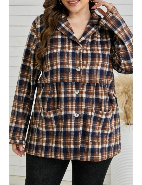 Plaid Print Button-up Turn Down Collar Plus Size Coat, hi-res image number null