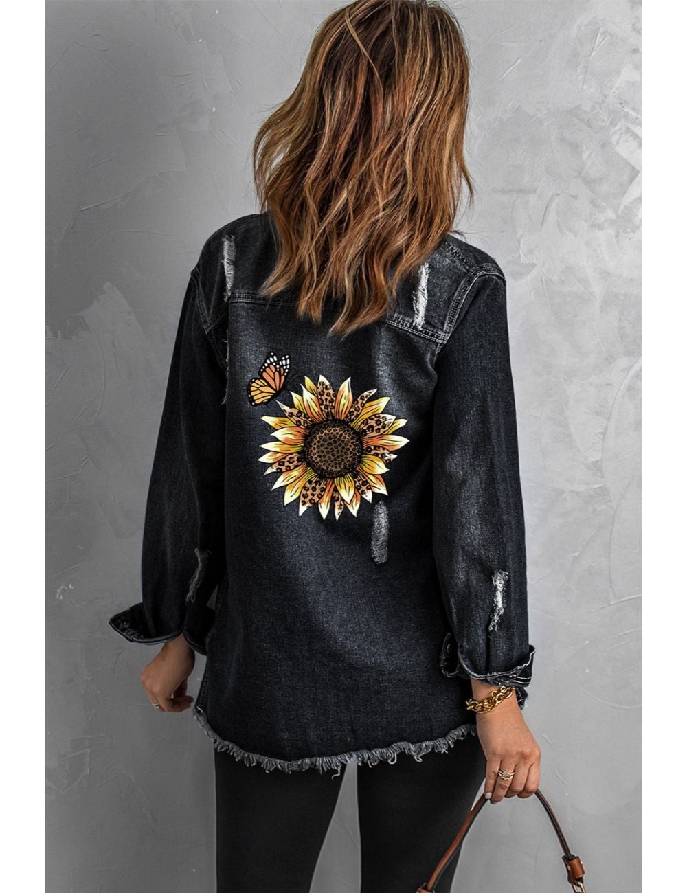 Sunflower Print Distressed Pocket Raw Hem Denim Jacket | EziBuy NZ