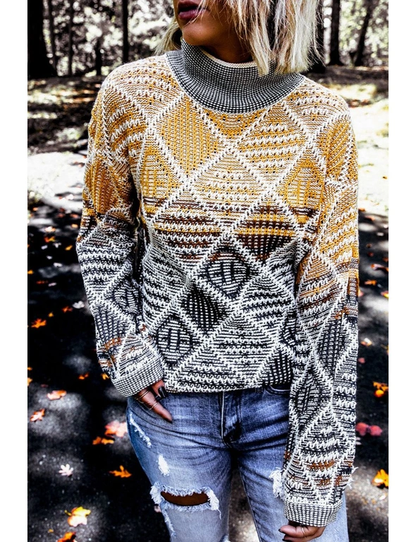 High Neck Geometric Colorblock Sweater, hi-res image number null