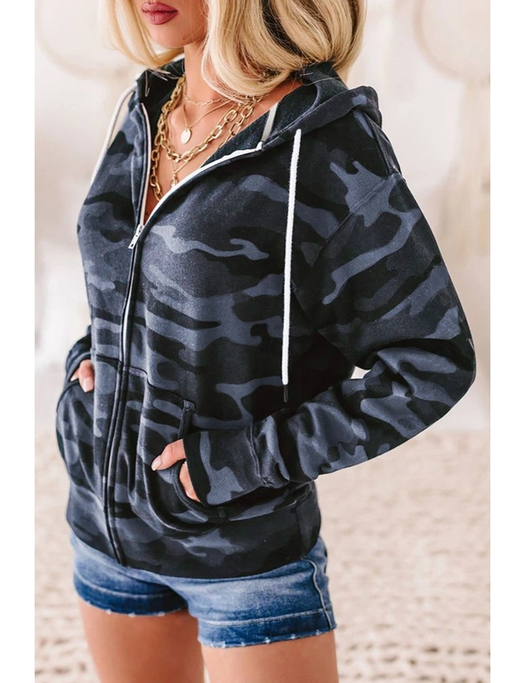 Black Camo Print Zip-up Hooded Coat with Pockets, hi-res image number null