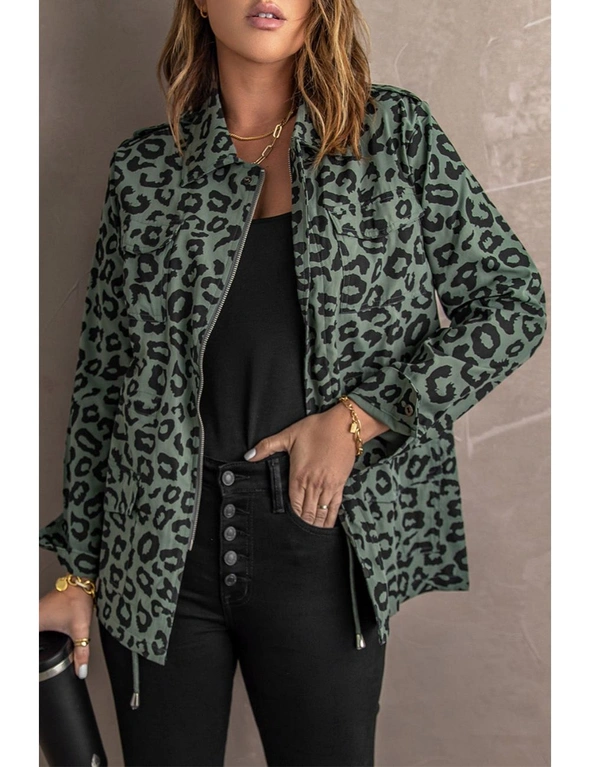Green Lapel Collar Zipper Drawstring Leopard Coat, hi-res image number null
