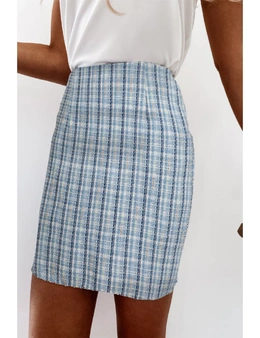 Sky Blue High Waist Tweed Plaid Mini Skirt