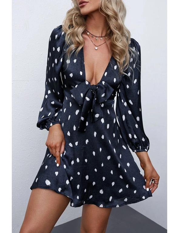Blue Deep V Neck Balloon Sleeve Knotted Dot Print A-Line Dress, hi-res image number null