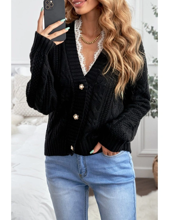 Black Buttons Weave Knit Cardigan, hi-res image number null