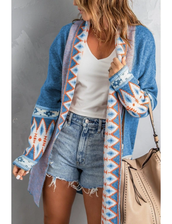 Blue Aztec Print Open Front Knitted Cardigan, hi-res image number null