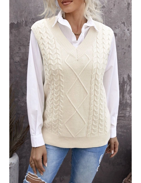 Beige Sleeveless Cable Knitted Sweater Tank, hi-res image number null