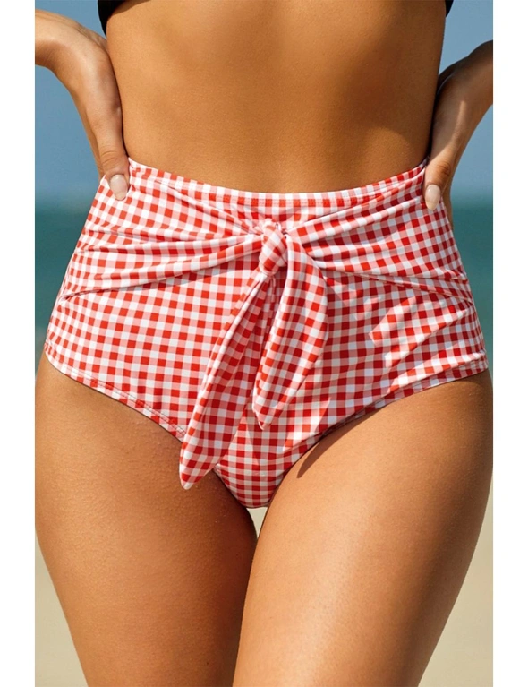 Red Plaid Print Front Tie High Waist Bikini Bottoms, hi-res image number null