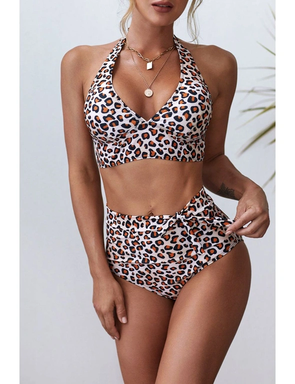 Khaki Halter V Neck Leopard High Waist Bikini, hi-res image number null