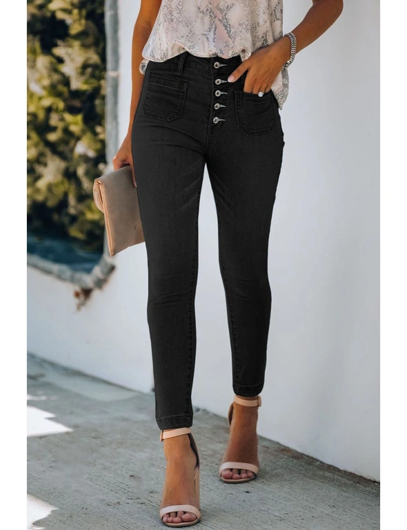 Black Button Fly Skinny Jeans with Pockets, hi-res image number null