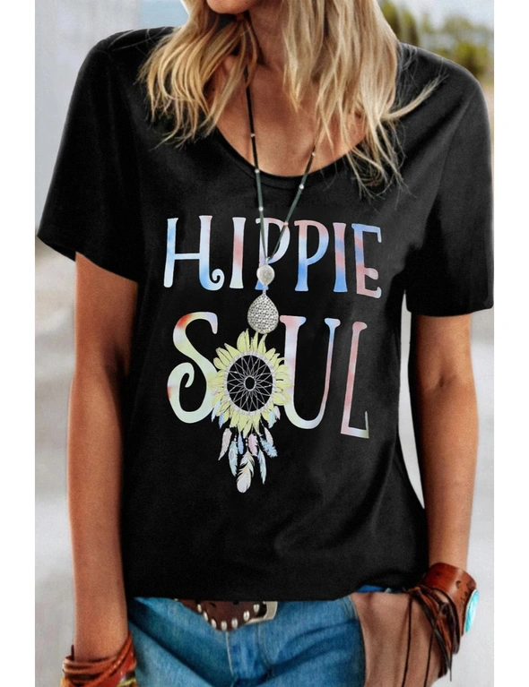 Ombre Tie-dye HIPPIE SOUL Sunflower Feather Print T-shirt, hi-res image number null
