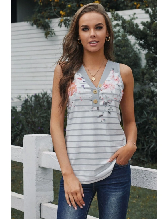 Gray Floral Print V-neck Sleeveless Button Striped Tank Top, hi-res image number null