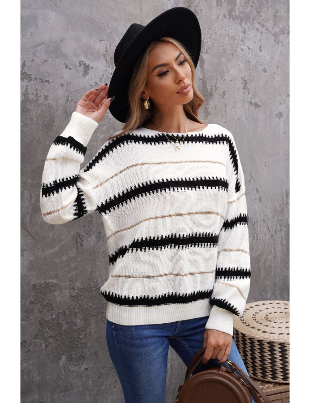 White Striped Loose Fit Pullover Sweater | Rivers Australia