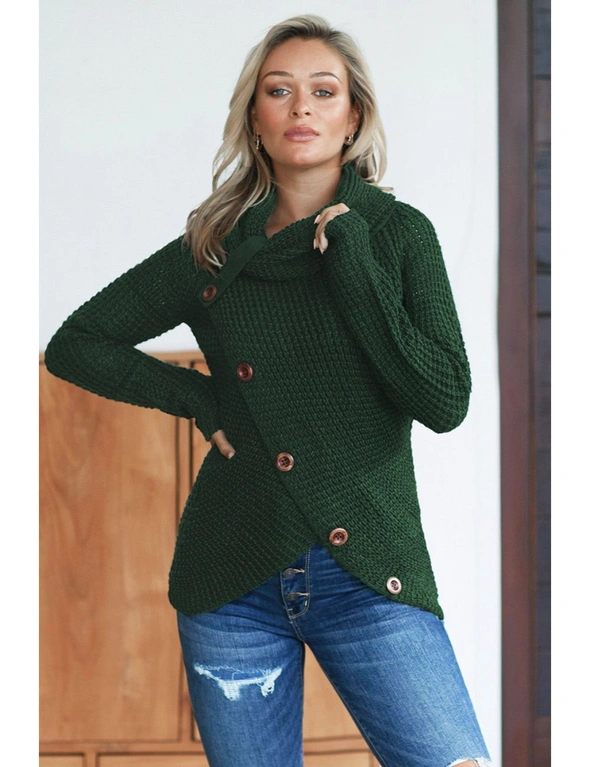 Olive Green Buttoned Wrap Turtleneck Sweater, hi-res image number null