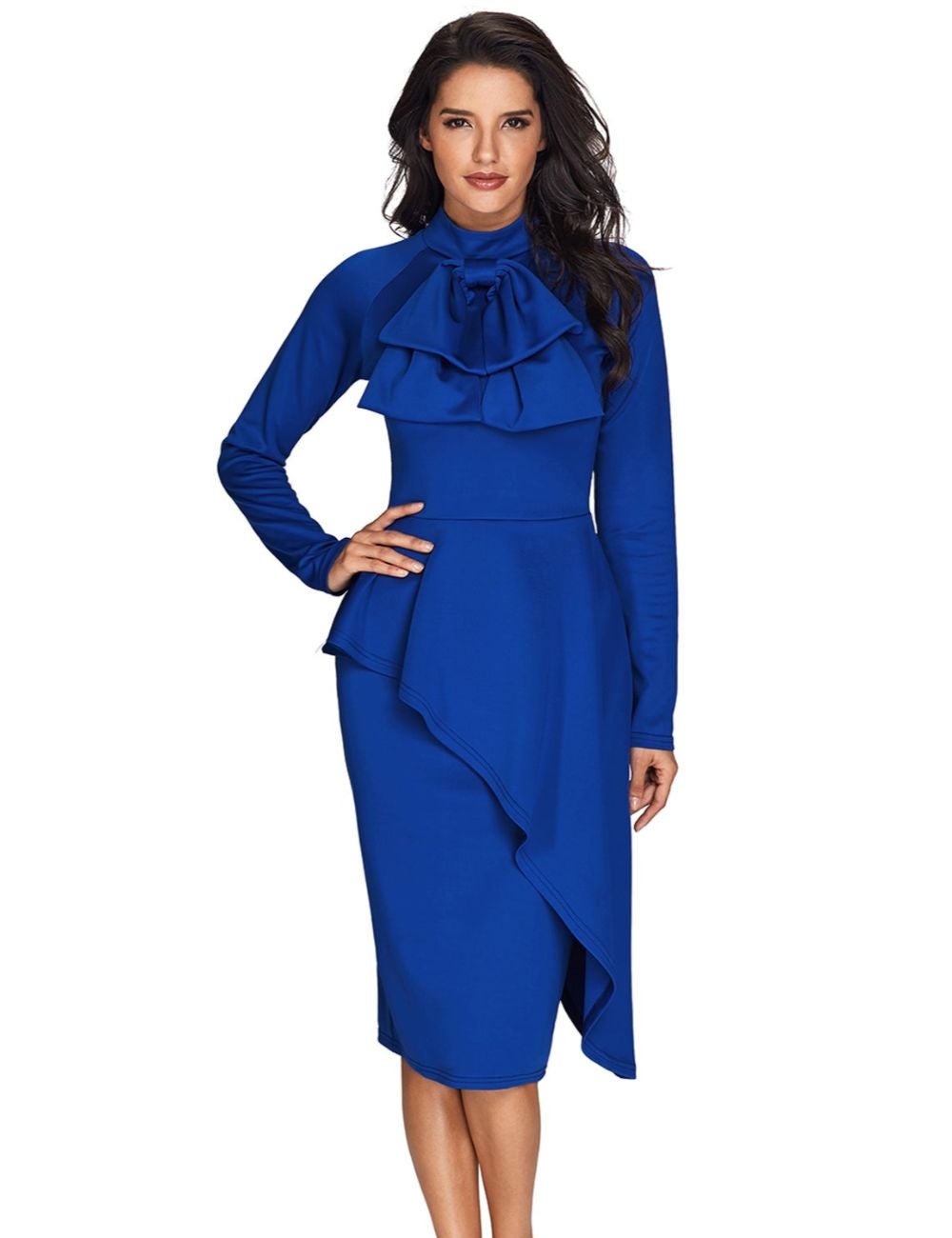 Royal Blue Asymmetric Peplum Style Pussy Bow Dress Rockmans