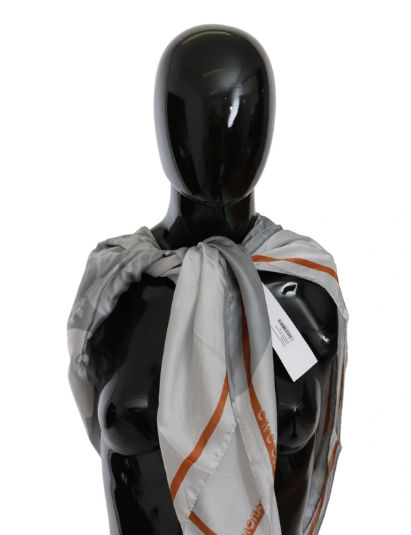 Costume National Gray Orange Silk Floral Foulard Wrap Scarf, hi-res image number null