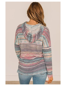 Azura Exchange Multicolor Striped Print Cable Knit Drop Shoulder Hoodie