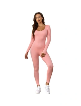Azura Exchange Pink Scoop Neck Long Sleeve Seamless Yoga Jumpsuit