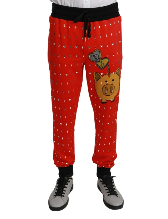 Dolce & Gabbana Red Piggy Bank Cotton Crystal Trousers Pants -IT46 | S, hi-res image number null
