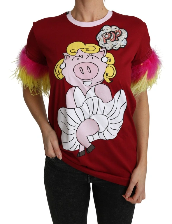 Dolce & Gabbana Red Pig Print Feather Sleeves T-shirt Top, hi-res image number null