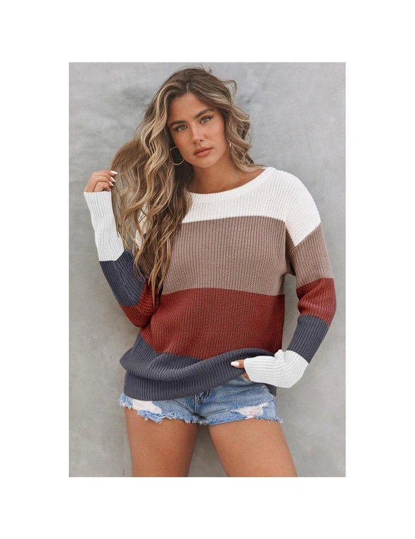 Azura Exchange Color Block Knitted O-neck Pullover Sweater, hi-res image number null