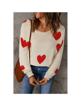 Azura Exchange Beige Heart Pattern V Neck Knit Sweater