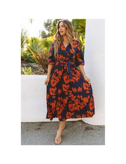 Azura Exchange V Neck Wrap Pleated Maxi Floral Dress with Tie