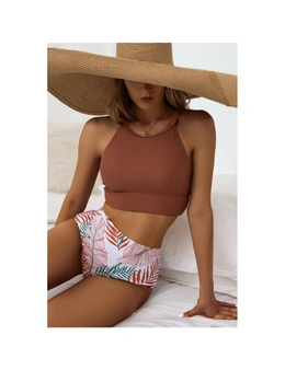Azura Exchange Solid Strappy Halter Bikini Printed High Waist Swimsuit